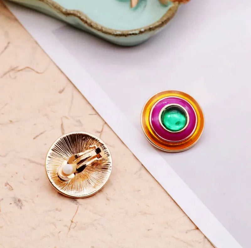 Clip on 1" matte gold, pink and green stone button earrings