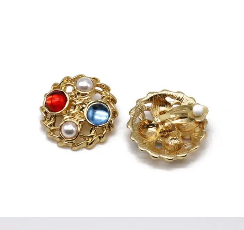 Clip on 1" matte gold, red, blue stone round earrings with pearls