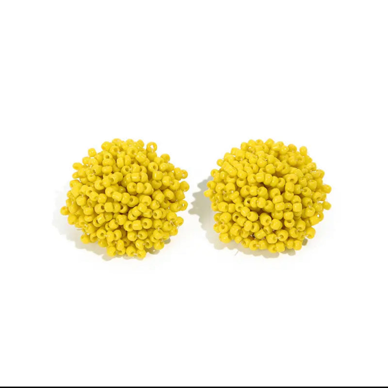Clip on 1/2" silver and yellow seed bead button style earrings