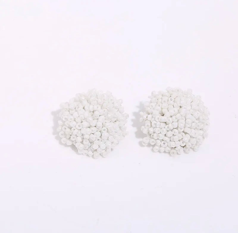 Clip on 1/2" silver and white seed bead button style earrings