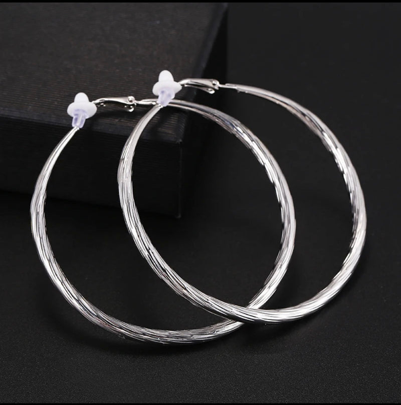 Clip on 3" extra large silver twisted hoop earrings