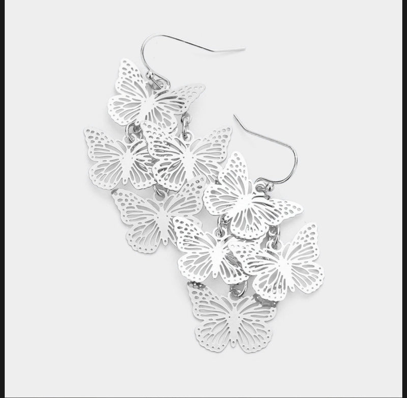 Silver 2" pierced dangle butterfly cluster earrings
