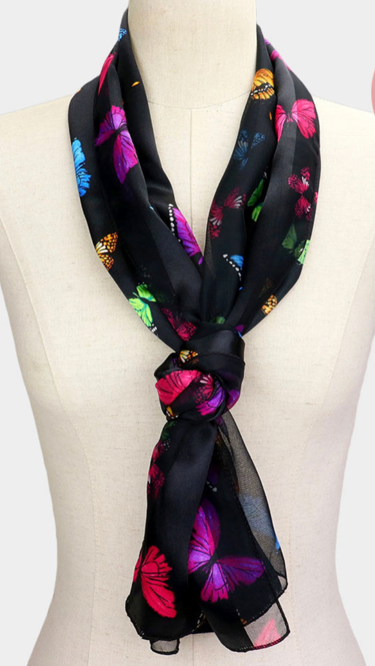Black striped 60X13 long polyester multi colored butterfly scarf