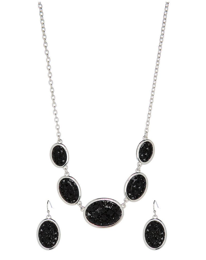 Pierced silver and black textured stone necklace and earring set
