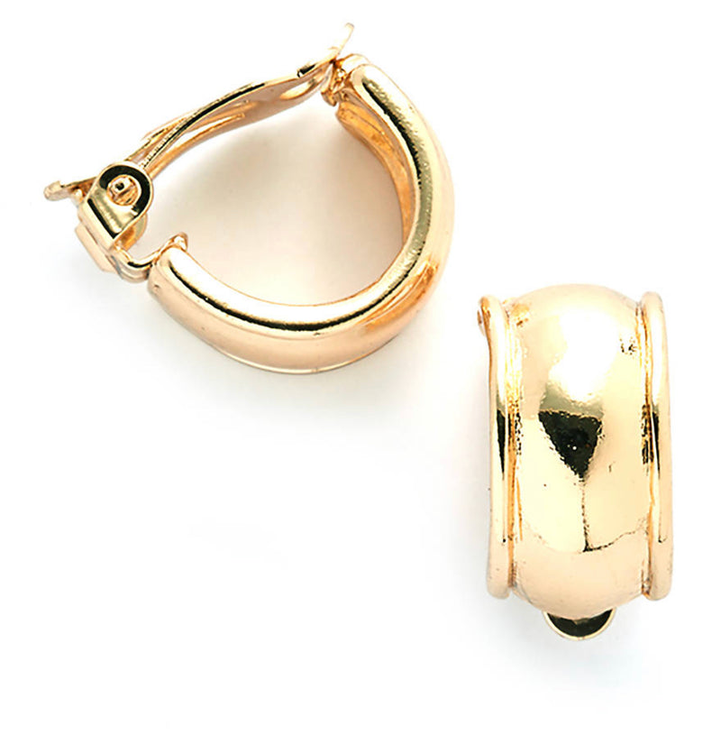 Clip on 3/4" shiny gold raised center half hoop earrings