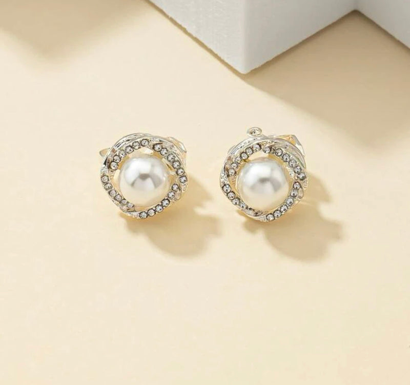 Clip on 1/2" small silver white pearl earrings w/clear stone woven edge