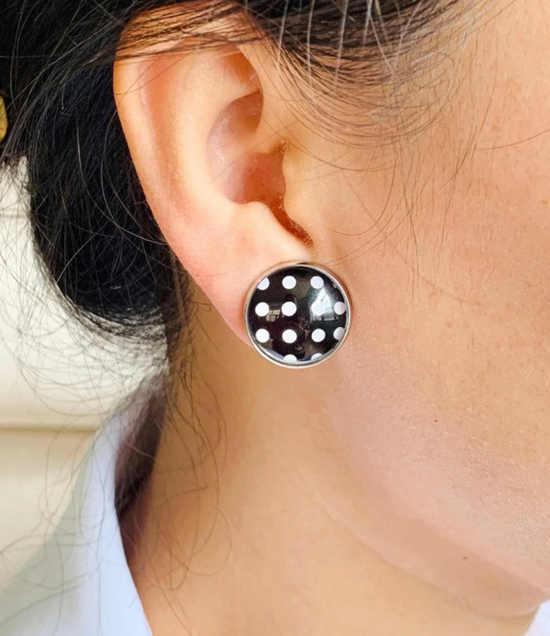 Clip on 3/4" silver, black & white polka dot button style earrings