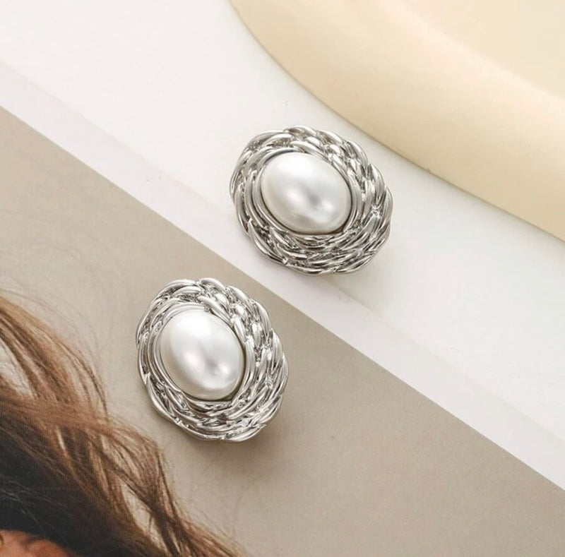Clip on 1 1/4" silver woven edge oval white pearl button style earrings