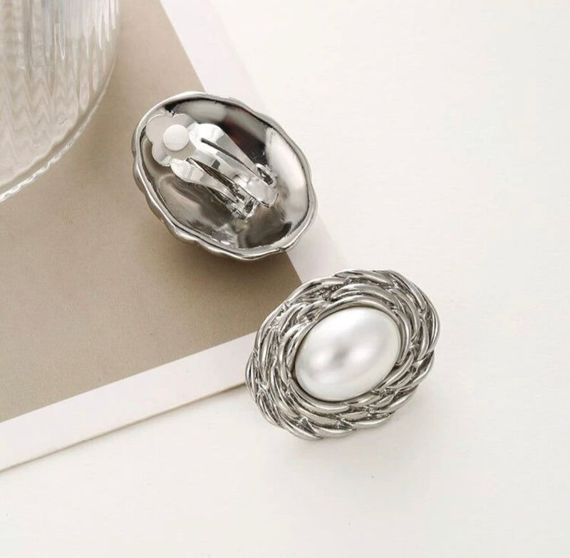 Clip on 1 1/4" silver woven edge oval white pearl button style earrings