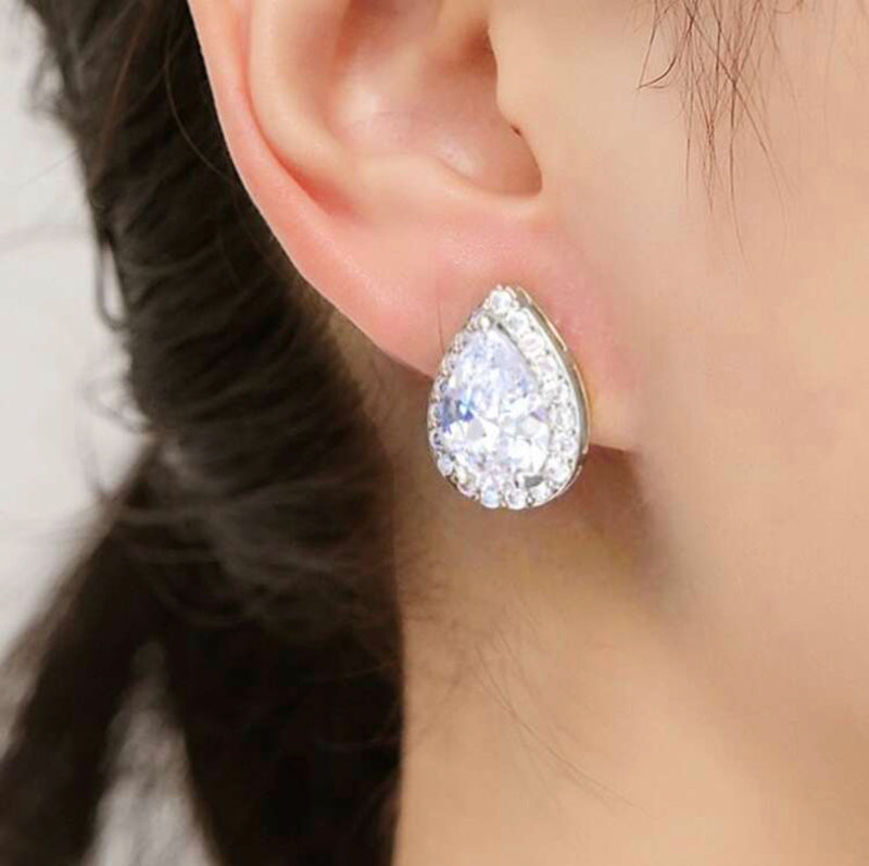 Clip on 3/4" small silver and clear stone teardrop earrings