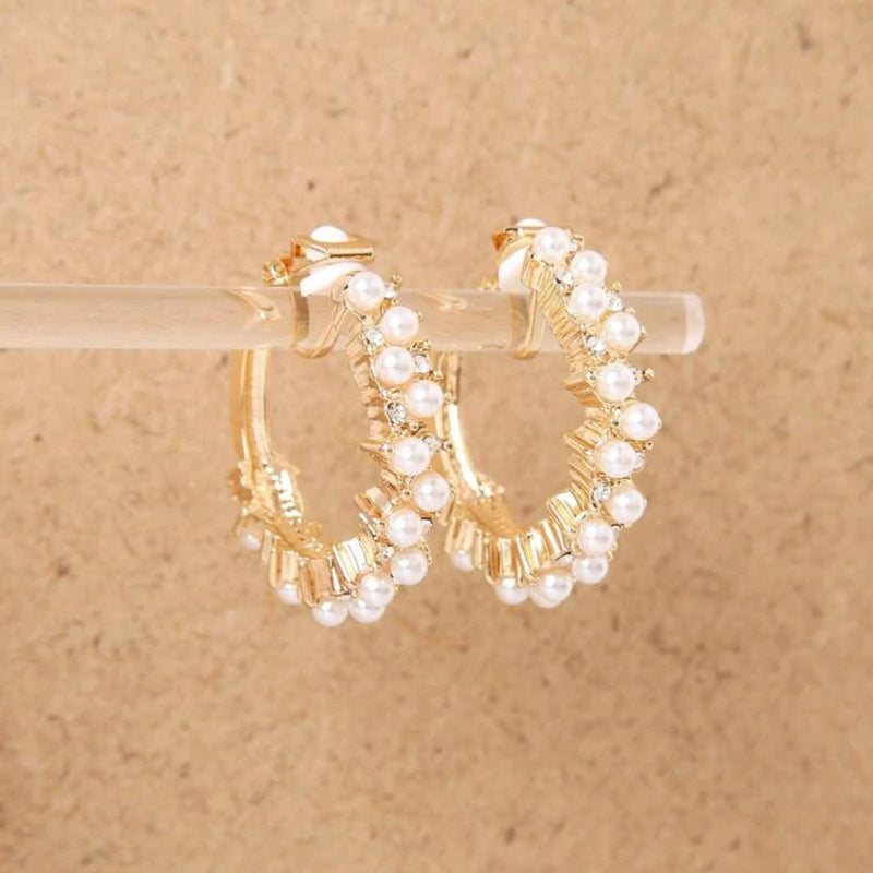 Clip on 1 1/4" gold small pearl and clear stone open back hoop earrings