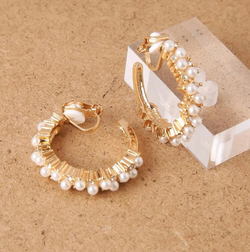 Clip on 1 1/4" gold small pearl and clear stone open back hoop earrings