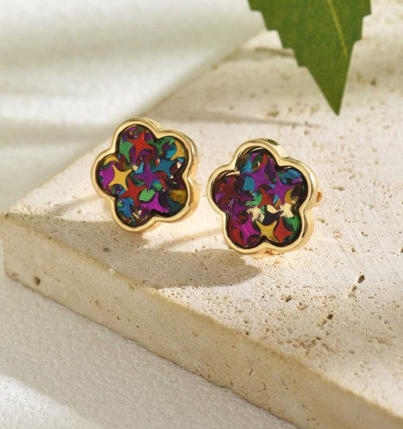 Clip on 1/2" small gold and multi colored glitter round edge earrings