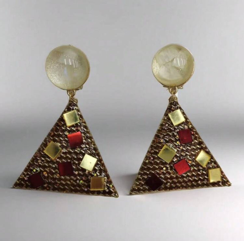 Vintage clip on 2 3/4" gold, tan and burgundy glitter dangle triangle earrings