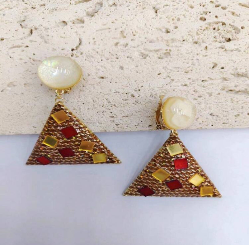 Vintage clip on 2 3/4" gold, tan and burgundy glitter dangle triangle earrings