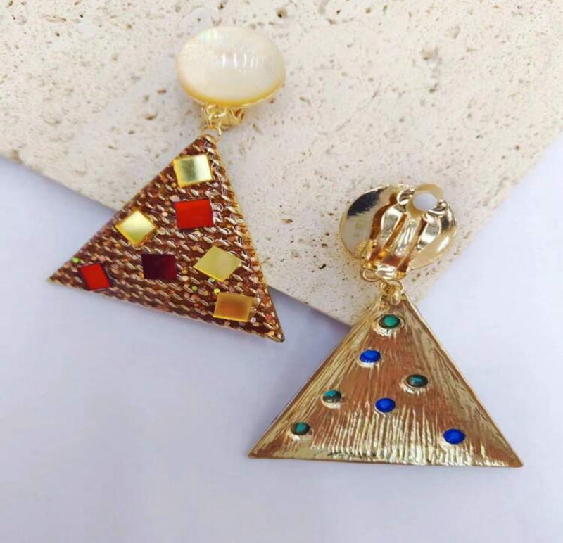 Vintage clip on 2 3/4" gold, tan and burgundy glitter dangle triangle earrings