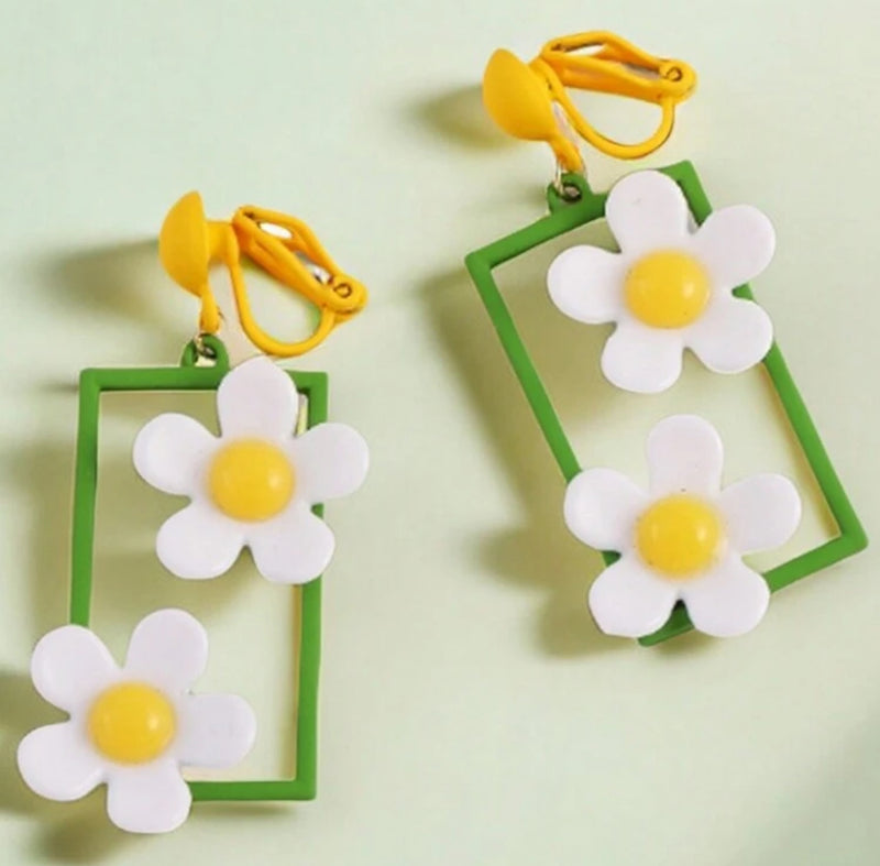Clip on 2 1/4" yellow, white and green flower dangle square earrings