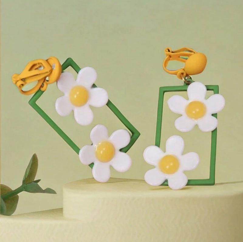 Clip on 2 1/4" yellow, white and green flower dangle square earrings