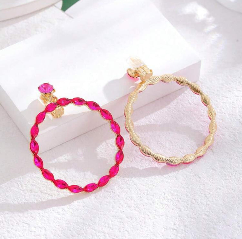 Clip on 2 1/2" gold and pink stone dangle hoop earrings
