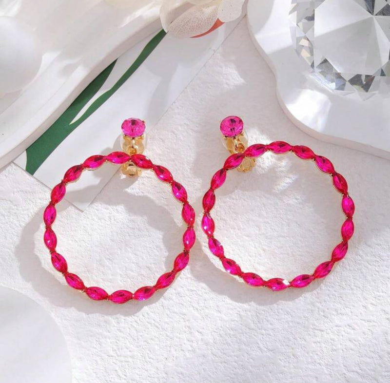Clip on 2 1/2" gold and pink stone dangle hoop earrings