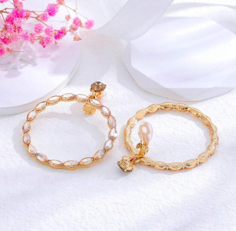 Clip on 2 1/2" gold and gold stone dangle hoop earrings