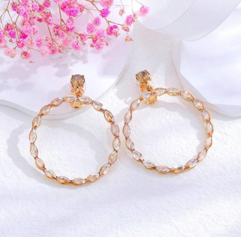 Clip on 2 1/2" gold and gold stone dangle hoop earrings