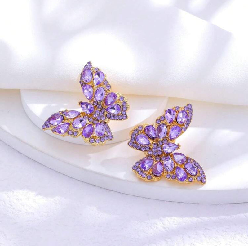 Clip on 1" gold and purple stone butterfly button style earrings