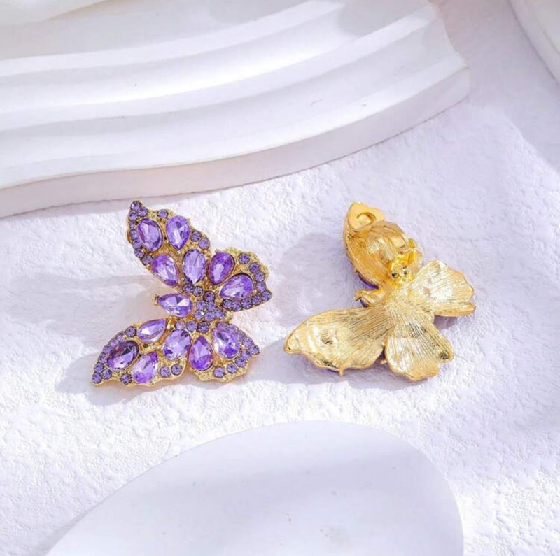 Clip on 1" gold and purple stone butterfly button style earrings