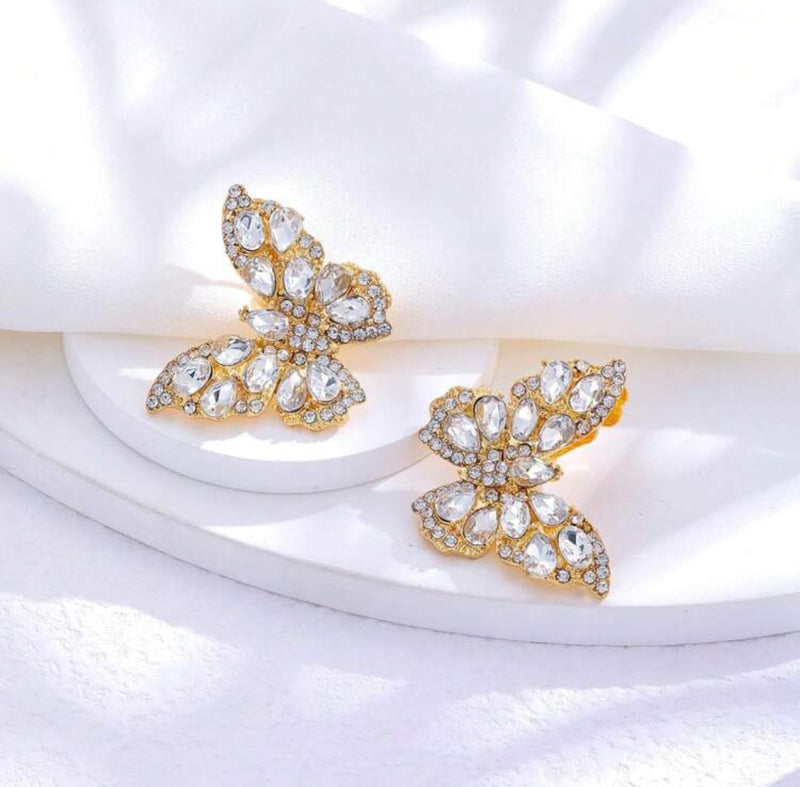 Clip on 1" gold and clear stone butterfly button style earrings