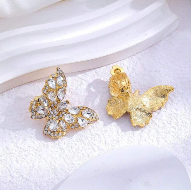 Clip on 1" gold and clear stone butterfly button style earrings