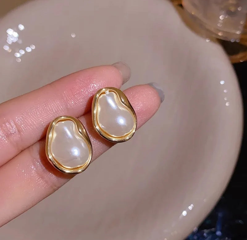 Clip on 3/4" small gold wrinkled white pearl button style earrings