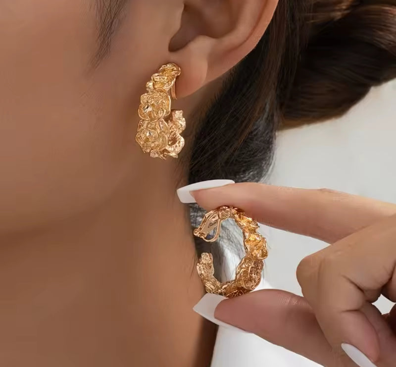 Clip on 1" silver flower open back hoop earrings