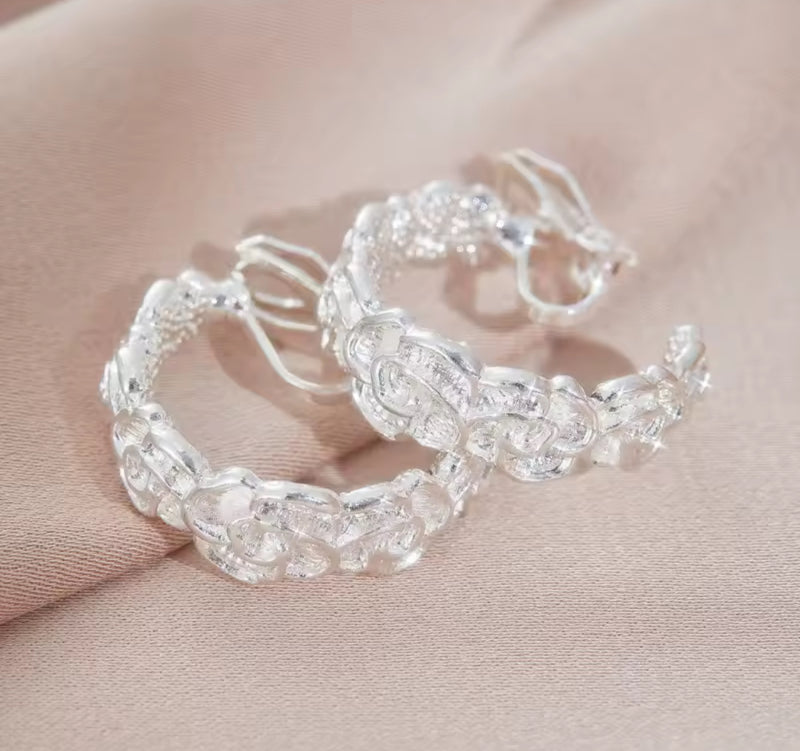 Clip on 1" silver flower open back hoop earrings