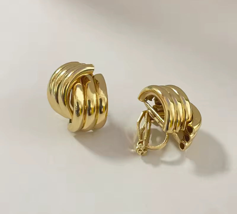 Clip on 3/4" gold indented twisted button style earrings