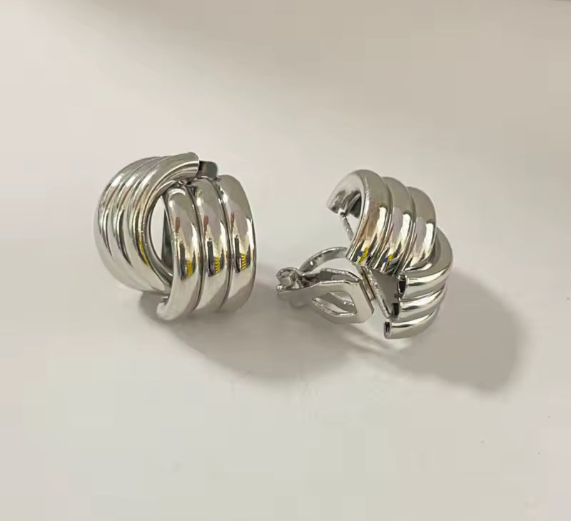 Clip on 3/4" small silver textured round scoop style earrings