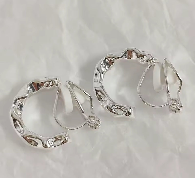 Clip on 3/4" small silver hammered hoop earrings