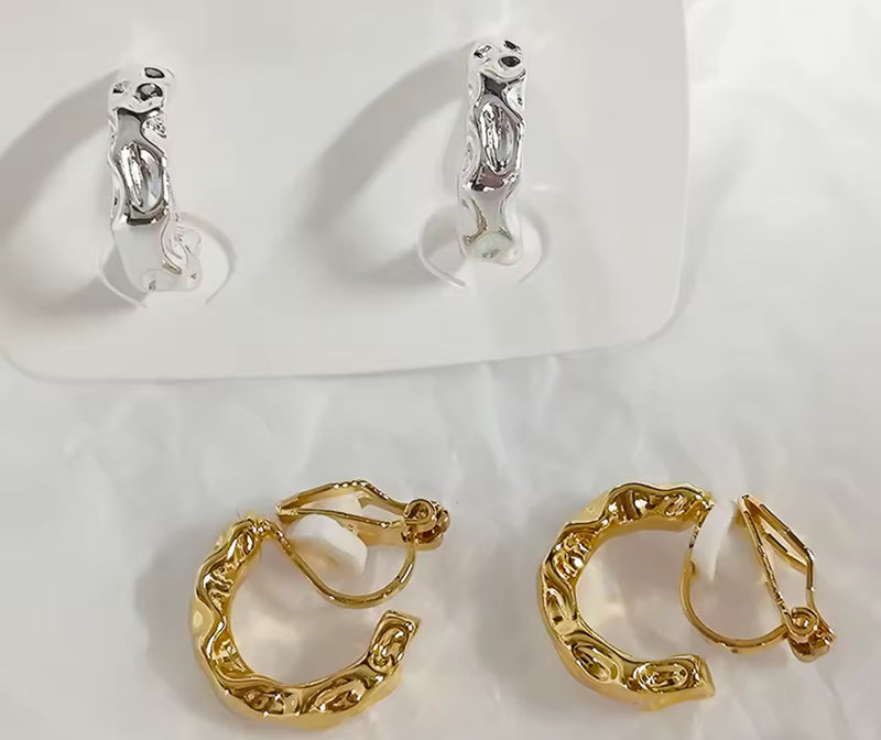 Clip on 3/4" small silver hammered hoop earrings