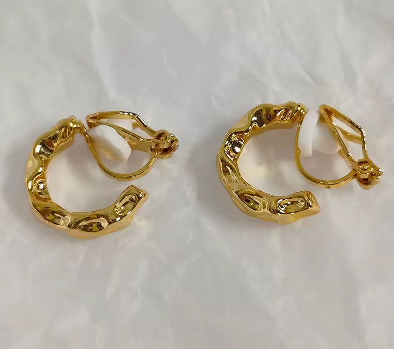 Clip on 3/4" small gold hammered hoop earrings