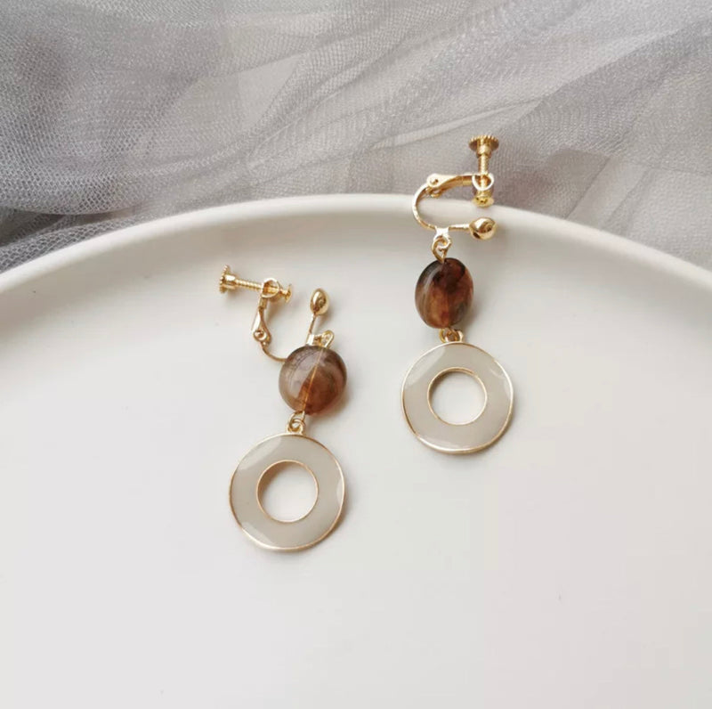 Clip on 2" gold and brown round & square dangle earrings