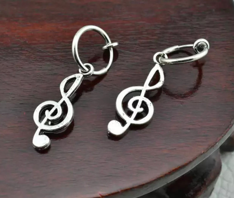 Clip on 1 3/4" silver hoop earrings with dangle music note