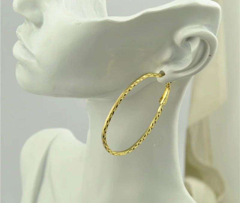 Trendy clip on 2" gold or silver U-shaped textured hoop earrings