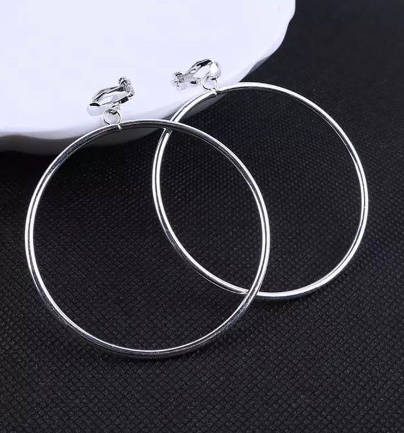 Clip on 1 3/4" silver dangle hoop earrings with small clasp