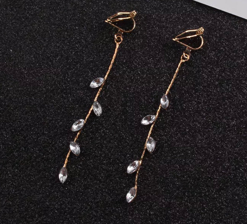 Classy clip on 3" gold clear stone dangle vine earrings