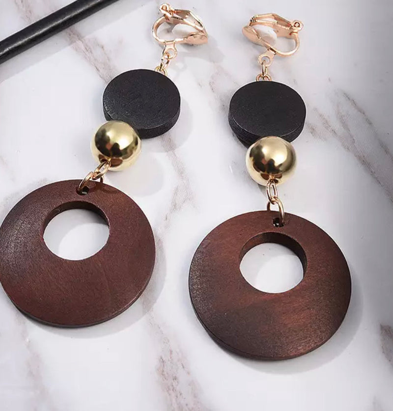 Clip on 2 3/4" gold dangle brown wooden circle earrings
