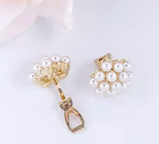 Clip on 1/2" small gold and white pearl cluster button style earrings
