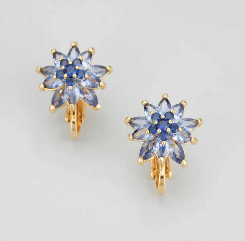 Clip on 3/4" small gold and blue stone starburst flower earrings