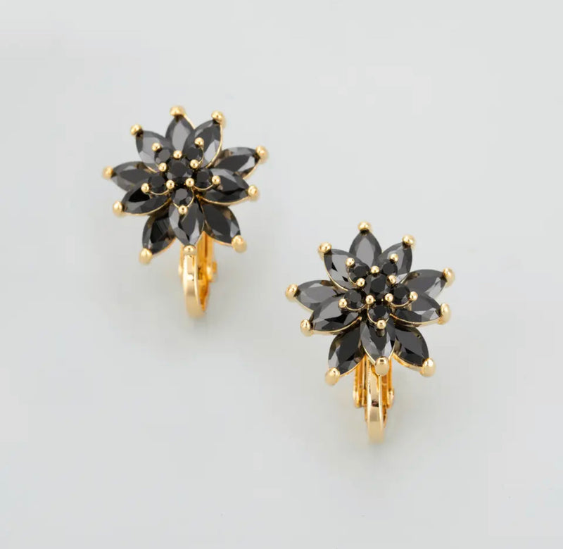 Clip on 3/4" small gold and black stone starburst flower earrings