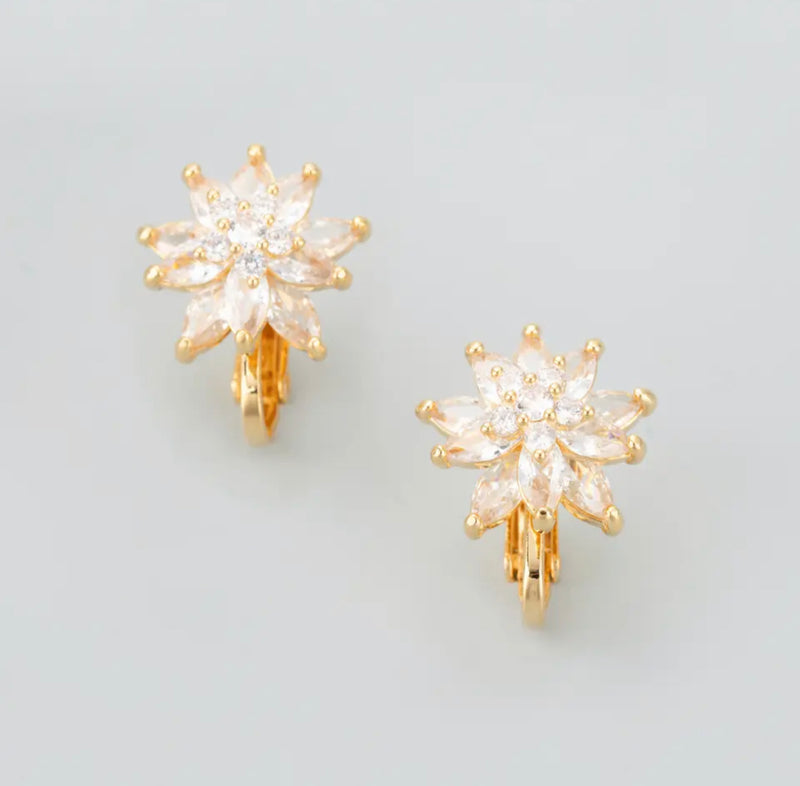 Clip on 3/4" small gold and clear stone starburst flower earrings