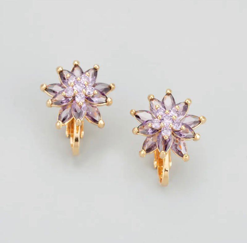 Clip on 3/4" small gold and purple stone starburst flower earrings
