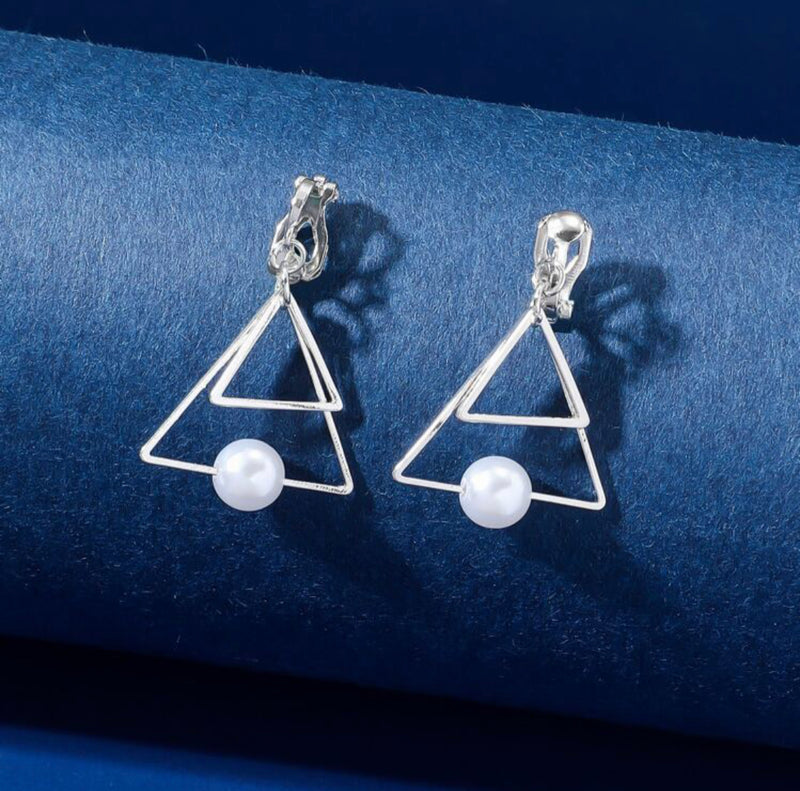 Clip on 1 1/2" silver double triangle and white pearl earrings